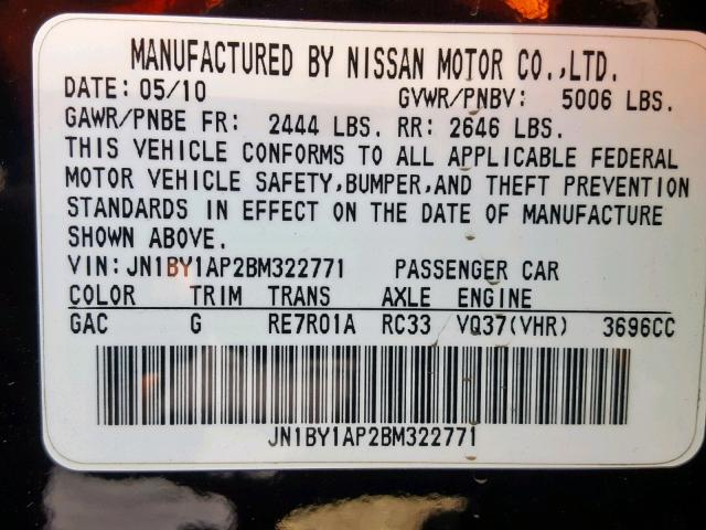 JN1BY1AP2BM322771 - 2011 INFINITI M37 BLACK photo 10