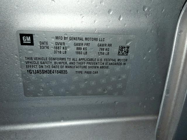 1G1JA5SH0E4184835 - 2014 CHEVROLET SONIC LS ვერცხლისფერი ფოტო 10