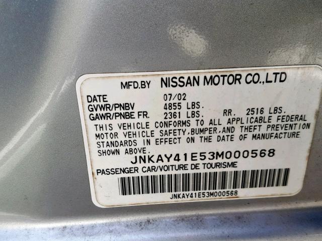 JNKAY41E53M000568 - 2003 INFINITI M45 SILVER photo 10