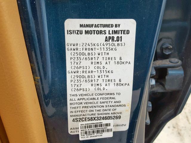 4S2CE58X324605269 - 2002 ISUZU AXIOM XS Mavi foto 10