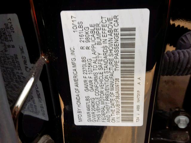 19UUB1F38JA009738 - 2018 ACURA TLX BLACK photo 10