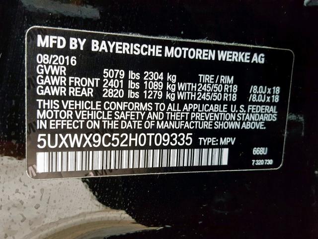 5UXWX9C52H0T09335 - 2017 BMW X3 XDRIVE2 BLACK photo 10