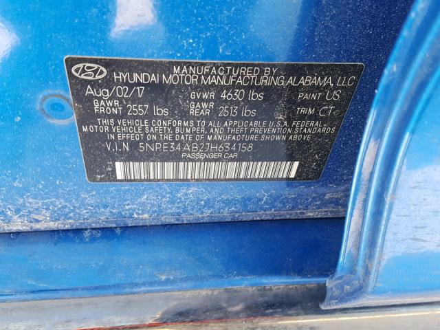 5NPE34AB2JH634158 - 2018 HYUNDAI SONATA SPO BLUE photo 10