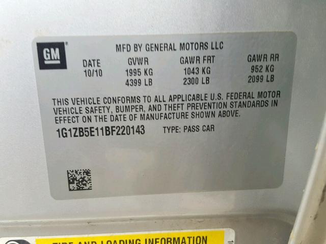 1G1ZB5E11BF220143 - 2011 CHEVROLET MALIBU LS SILVER photo 10