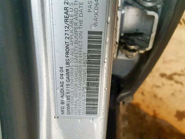 WAUCD64B94N093235 - 2004 AUDI A6 S-LINE SILVER photo 10