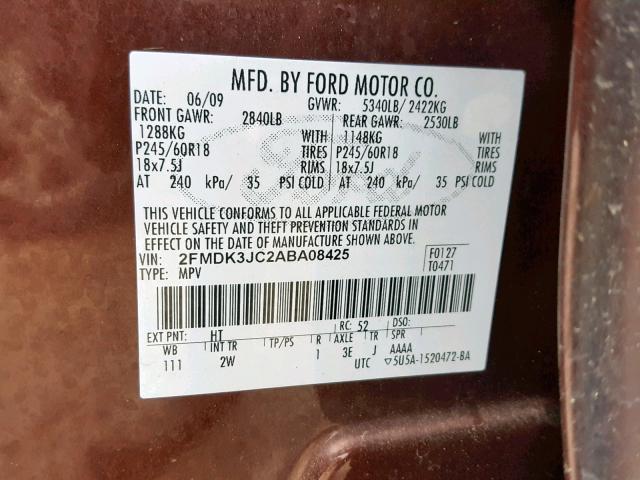 2FMDK3JC2ABA08425 - 2010 FORD EDGE SEL BURGUNDY photo 10