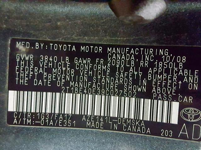 2T1BE40E39C027502 - 2009 TOYOTA COROLLA XR GRAY photo 10