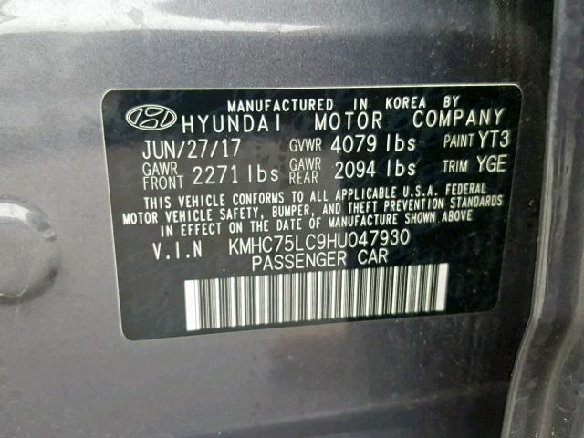 KMHC75LC9HU047930 - 2017 HYUNDAI IONIQ SEL GRAY photo 10