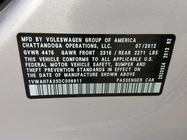 1VWAH7A33DC006911 - 2013 VOLKSWAGEN PASSAT S SILVER photo 10