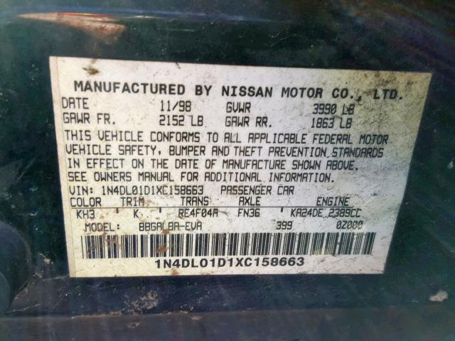 1N4DL01D1XC158663 - 1999 NISSAN ALTIMA XE BLACK photo 10