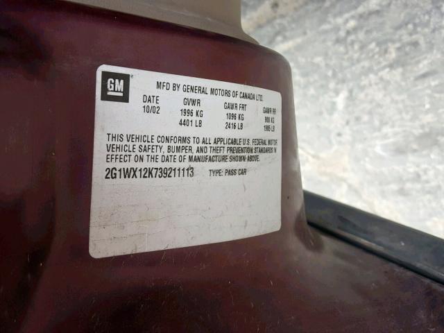 2G1WX12K739211113 - 2003 CHEVROLET MONTE CARL RED photo 10