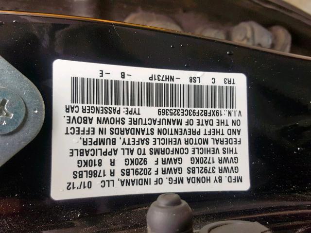 19XFB2F93CE325369 - 2012 HONDA CIVIC EXL 黑色 照片 10