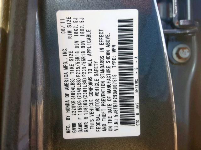 5J8TB1H29BA007515 - 2011 ACURA RDX GRAY photo 10