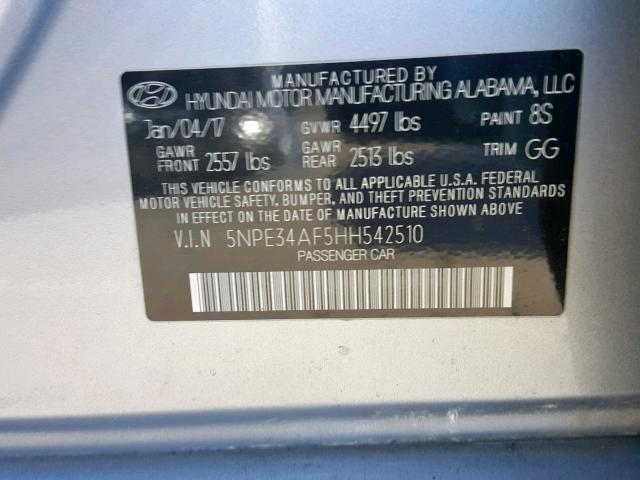 5NPE34AF5HH542510 - 2017 HYUNDAI SONATA SPO SILVER photo 10