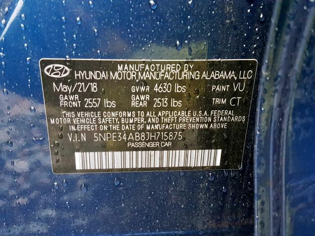 5NPE34AB8JH715875 - 2018 HYUNDAI SONATA SPO BLUE photo 10