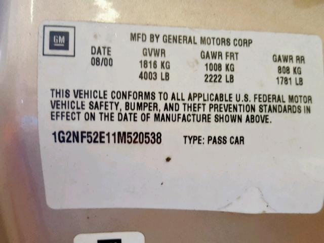 1G2NF52E11M520538 - 2001 PONTIAC GRAND AM S GOLD photo 10
