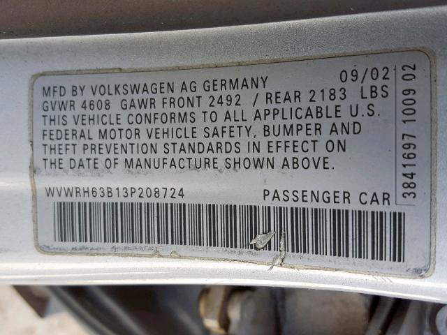 WVWRH63B13P208724 - 2003 VOLKSWAGEN PASSAT GLX 银色 照片 10