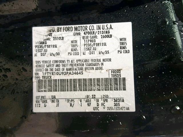 1FTYR10U93PA34645 - 2003 FORD RANGER BLACK photo 10