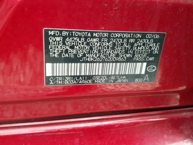 JTHBK262762009863 - 2006 LEXUS IS 250 RED photo 10