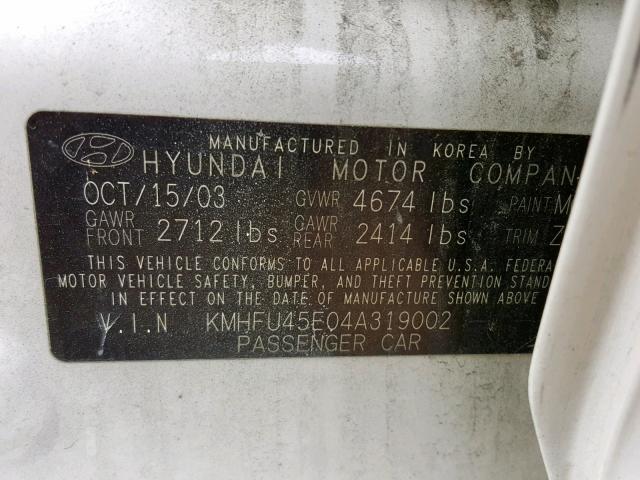 KMHFU45E04A319002 - 2004 HYUNDAI XG 350 WHITE photo 10