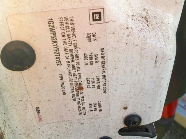 1G2WP52K1YF274192 - 2000 PONTIAC GRAND PRIX WHITE photo 10