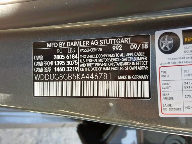 WDDUG8GB5KA446781 - 2019 MERCEDES-BENZ S 560 4MAT SILVER photo 10