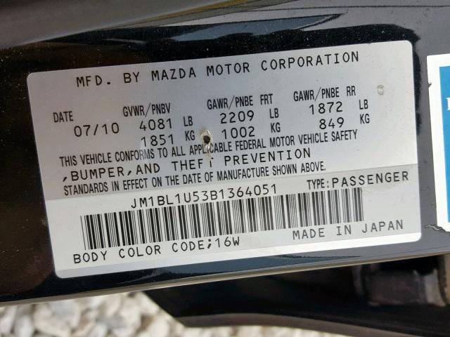 JM1BL1U53B1364051 - 2011 MAZDA 3 S BLACK photo 10