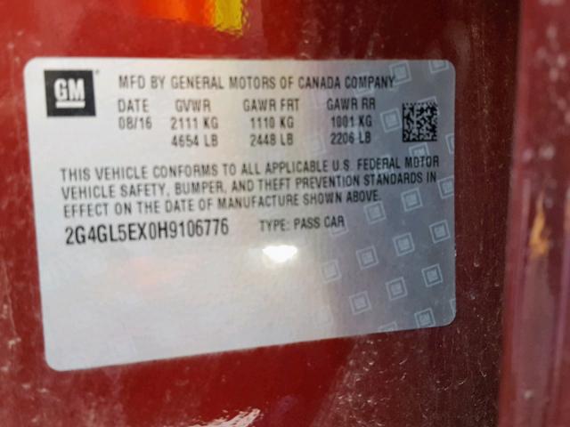 2G4GL5EX0H9106776 - 2017 BUICK REGAL SPOR MAROON photo 10