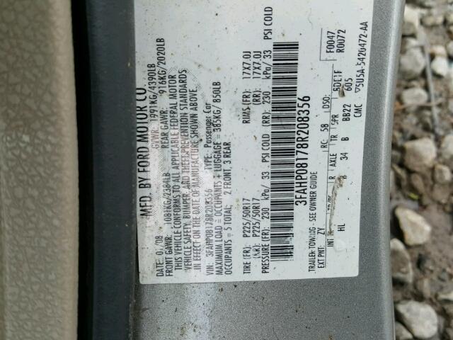 3FAHP08178R208356 - 2008 FORD FUSION SEL GRAY photo 10