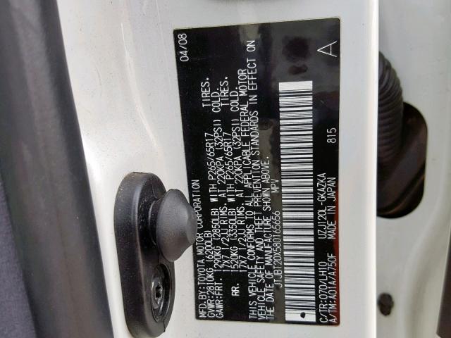 JTJBT20X580165656 - 2008 LEXUS GX 470 WHITE photo 10