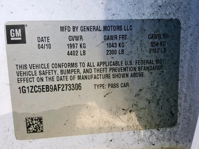 1G1ZC5EB9AF273306 - 2010 CHEVROLET MALIBU 1LT WHITE photo 10