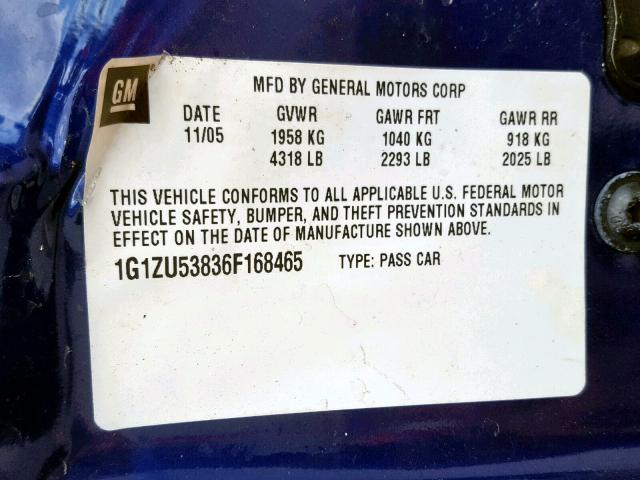 1G1ZU53836F168465 - 2006 CHEVROLET MALIBU LTZ ლურჯი ფოტო 10