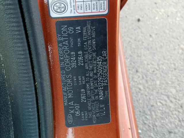 KNAFE122975009435 - 2007 KIA SPECTRA EX ORANGE photo 10