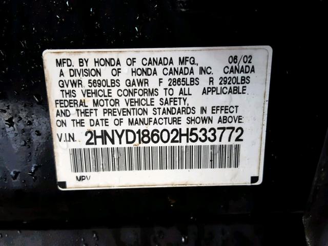 2HNYD18602H533772 - 2002 ACURA MDX TOURIN BLACK photo 10