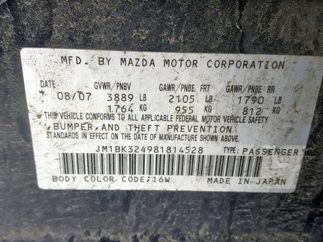 JM1BK324981814528 - 2008 MAZDA 3 S BLACK photo 10