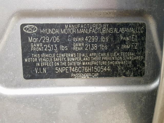 5NPET46C76H150544 - 2006 HYUNDAI SONATA GL GRAY photo 10