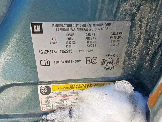 1G1ZH57B294152915 - 2009 CHEVROLET MALIBU 1LT მწვანე ფოტო 9