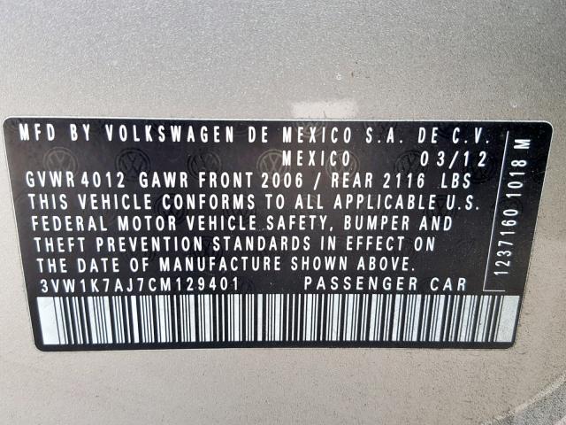 3VW1K7AJ7CM129401 - 2012 VOLKSWAGEN JETTA BASE GOLD photo 10