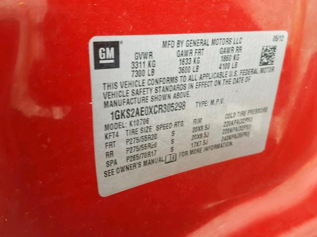 1GKS2AE0XCR305298 - 2012 GMC YUKON SLE RED photo 10