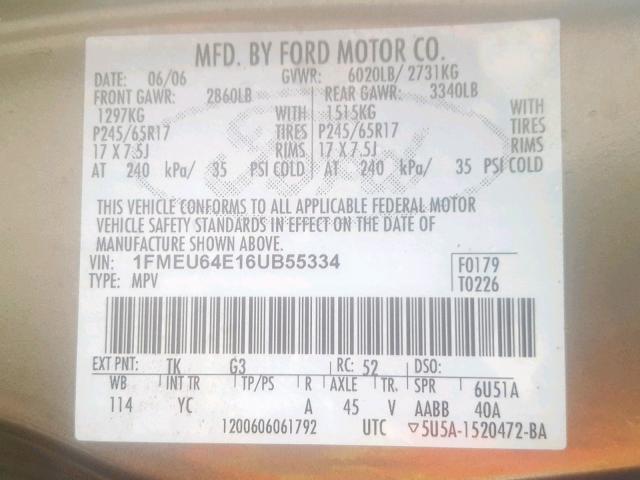 1FMEU64E16UB55334 - 2006 FORD EXPLORER E BROWN photo 10