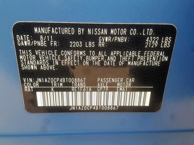 JN1AZ0CP4BT008867 - 2011 NISSAN LEAF SV BLUE photo 10