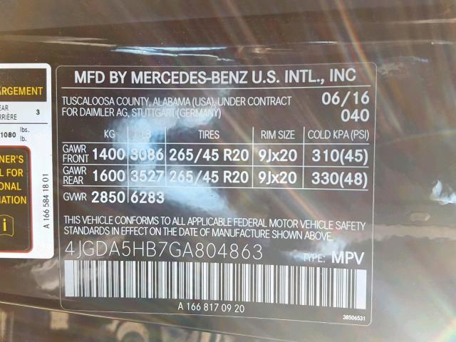 4JGDA5HB7GA804863 - 2016 MERCEDES-BENZ GLE 350 4M BLACK photo 10