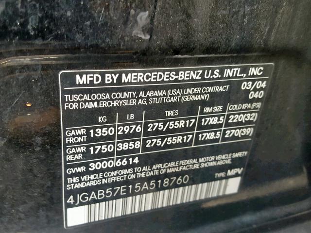 4JGAB57E15A518760 - 2005 MERCEDES-BENZ ML 350 BLACK photo 10