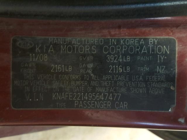 KNAFE221495647477 - 2009 KIA SPECTRA EX RED photo 10