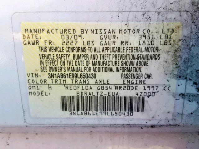 3N1AB61E99L650430 - 2009 NISSAN SENTRA 2.0 WHITE photo 10