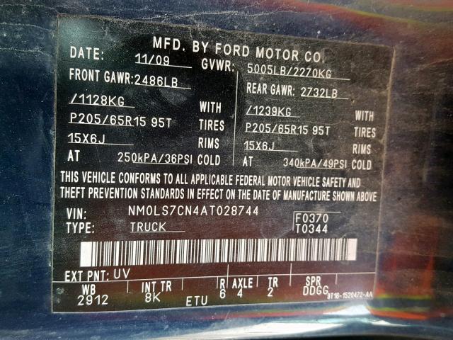 NM0LS7CN4AT028744 - 2010 FORD TRANSIT CO BLUE photo 10