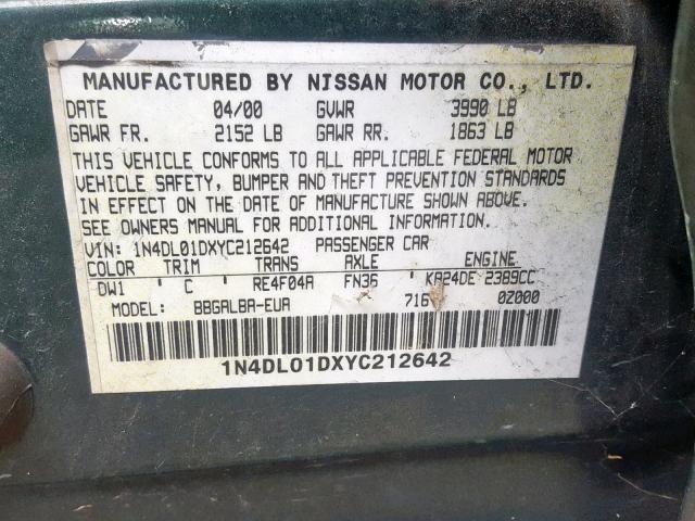 1N4DL01DXYC212642 - 2000 NISSAN ALTIMA XE GRAY photo 10