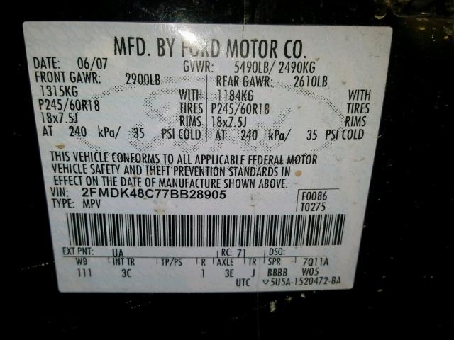 2FMDK48C77BB28905 - 2007 FORD EDGE SEL BLACK photo 10