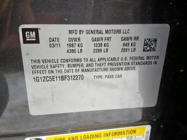 1G1ZC5E11BF312270 - 2011 CHEVROLET MALIBU 1LT ვერცხლისფერი ფოტო 10