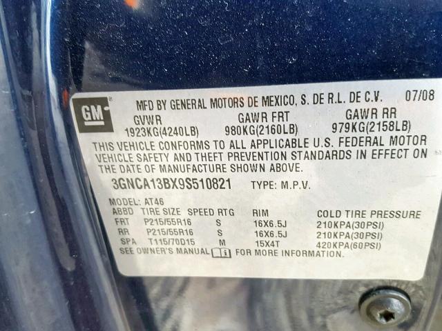 3GNCA13BX9S510821 - 2009 CHEVROLET HHR LS Կապույտ լուսանկար 10